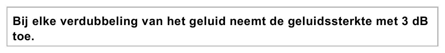 Bij elke verdubbeling van het geluid neemt de geluidssterkte met 3 dB toe.