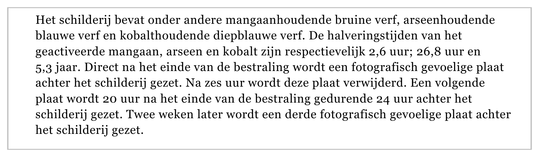 Het schilderij bevat onder andere mangaanhoudende bruine verf, arseenhoudende blauwe verf en kobalthoudende diepblauwe verf. De halveringstijden van het geactiveerde mangaan, arseen en kobalt zijn respectievelijk 2,6…
