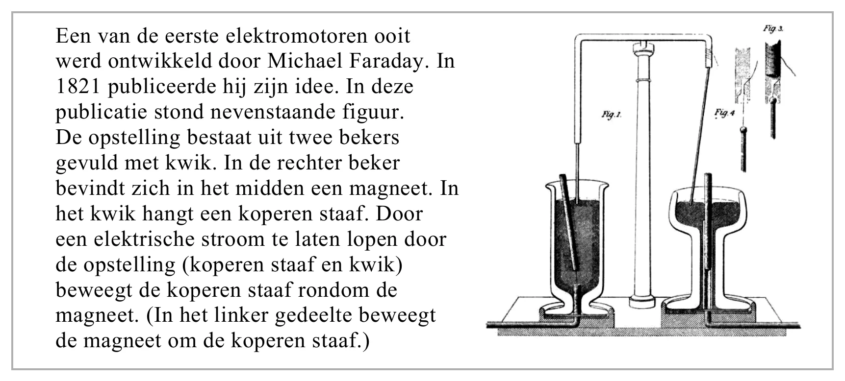 Een van de eerste elektromotoren ooit werd ontwikkeld door Michael Faraday. In 1821 publiceerde hij zijn idee. In deze publicatie stond nevenstaande figuur. De opstelling bestaat uit twee bekers gevuld met kwik. In…
